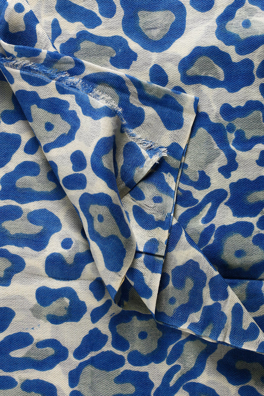 Printed Cashmere And Silk Blue Leopard Scarf